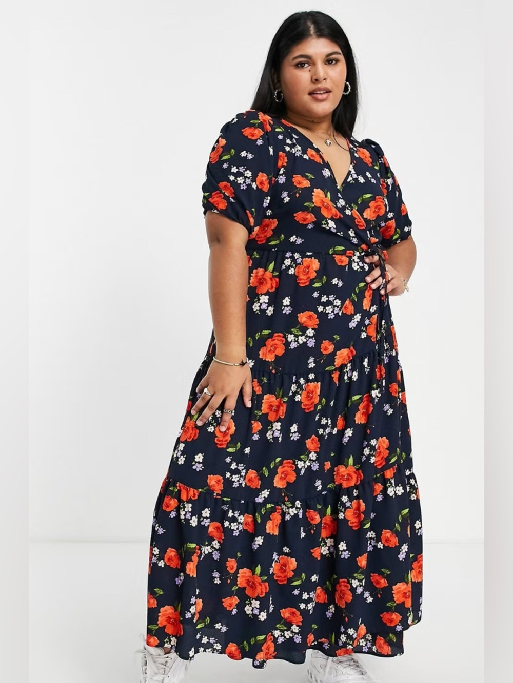 ASOS Floral Wrap Maxi Dress in Navy with Red Blossoms